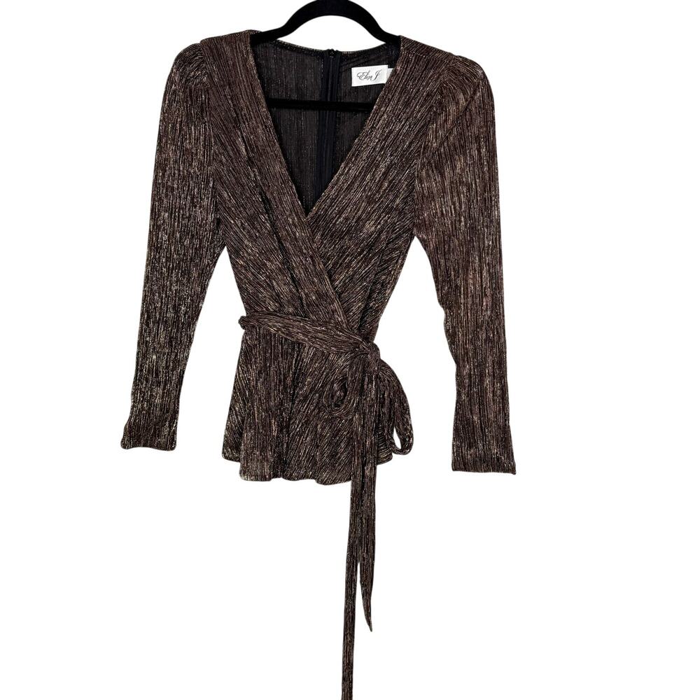 Eliza J Size 2 Black Gold Metallic Faux Wrap Top V Neck Tie Waist Holiday Blouse